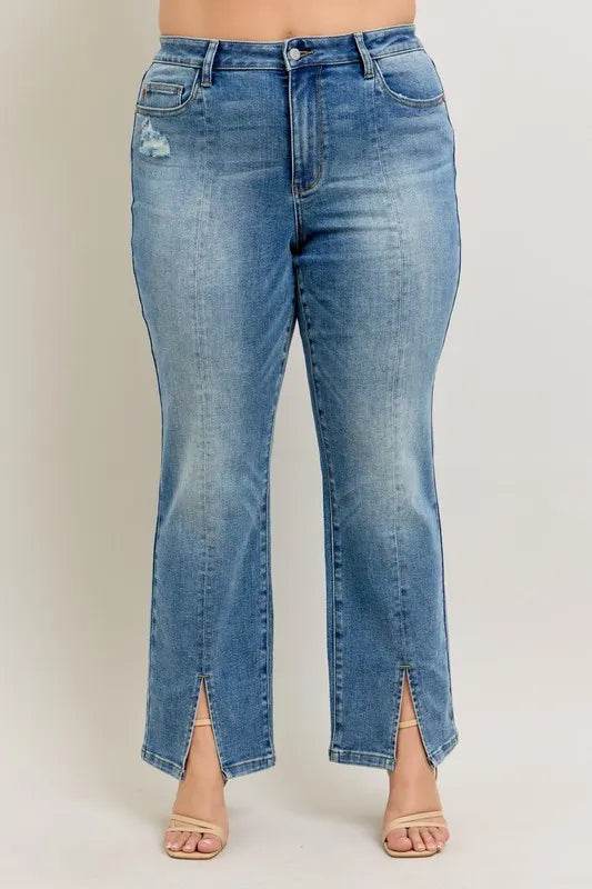Judy Blue Full Size High Waist Vintage Wash Front Seam & Slit Straight Plus Size - Ultim8 Designs 4 U