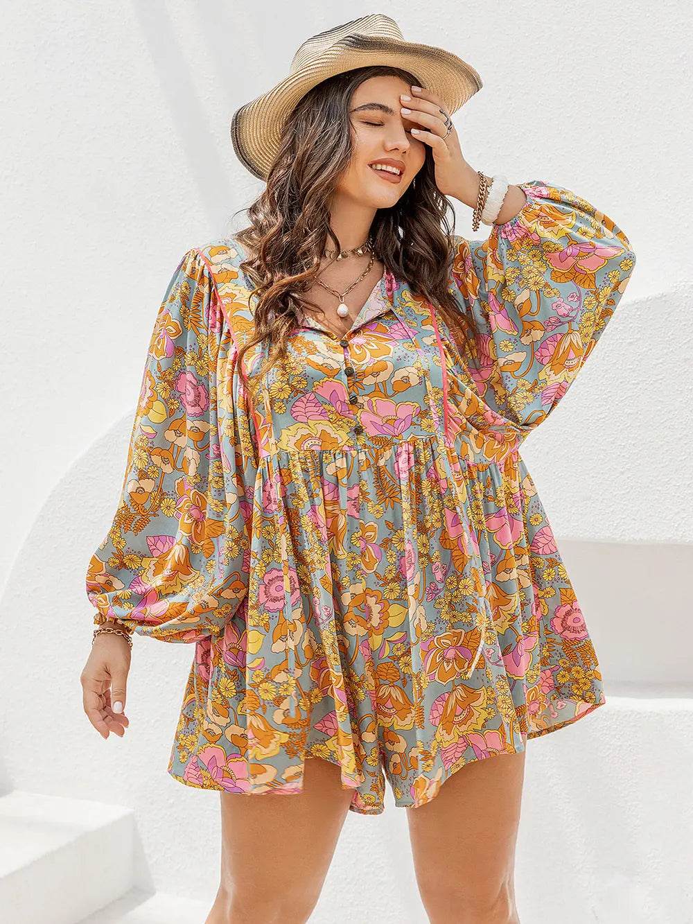 Plus Size Floral Tie Neck Balloon Sleeve Romper - Ultim8 Designs 4 U