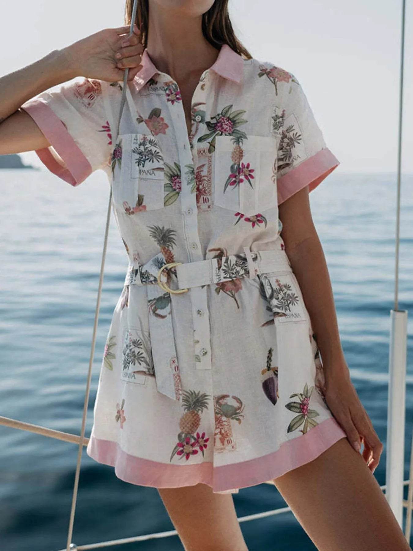 Printed Short Sleeve Romper with Belt - Ultim8 Designs 4 U
