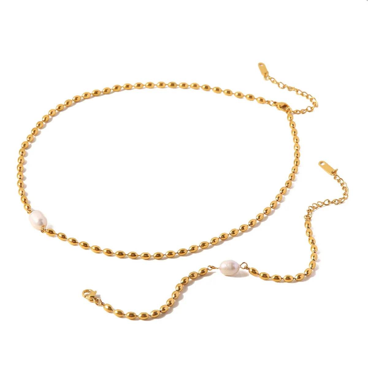 Pearl and Gold Chain Jewelry Set with Necklace and Bracelet - Ultim8 Designs 4 U