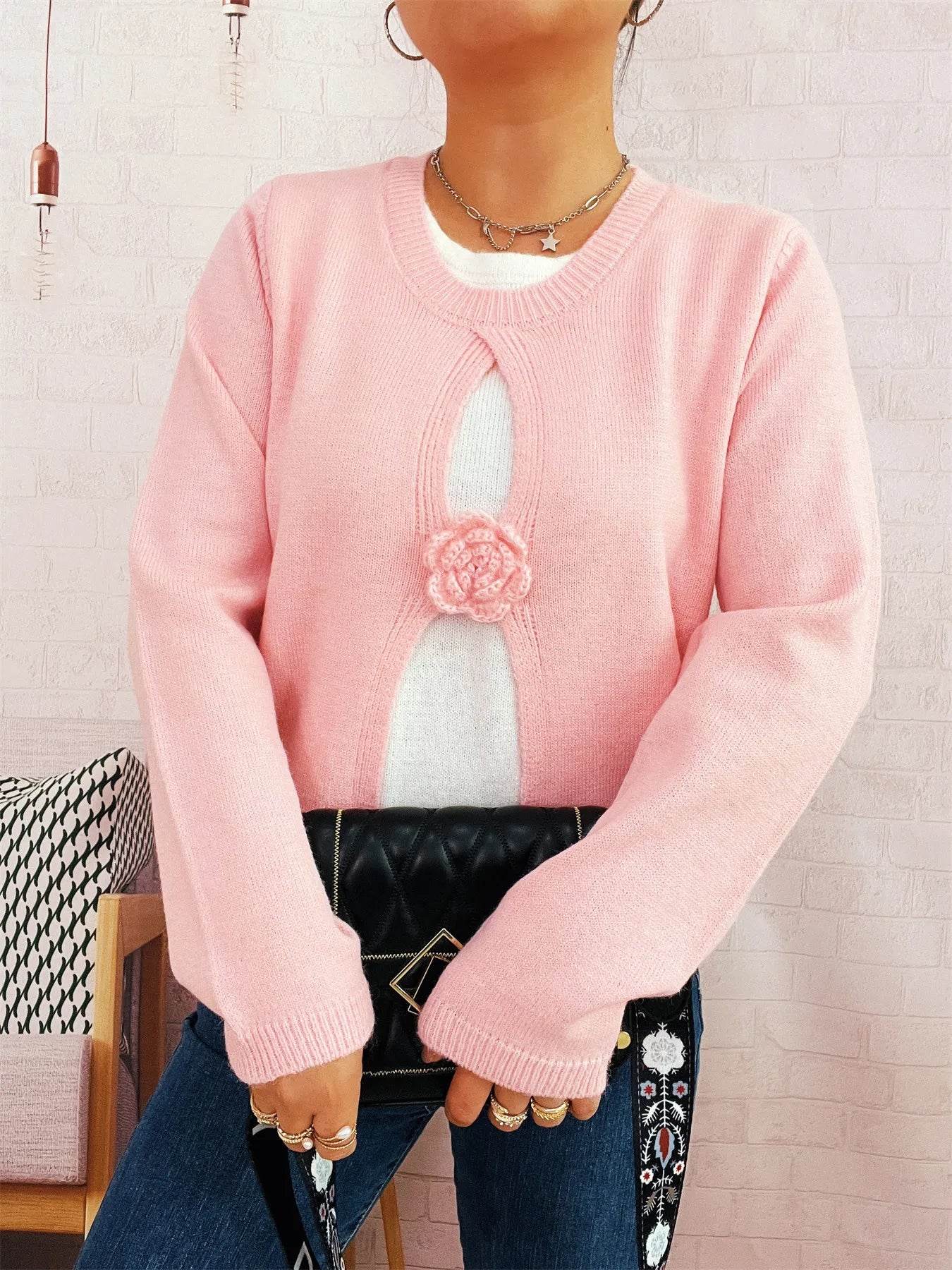Flower Contrast Round Neck Sweater - Ultim8 Designs 4 U