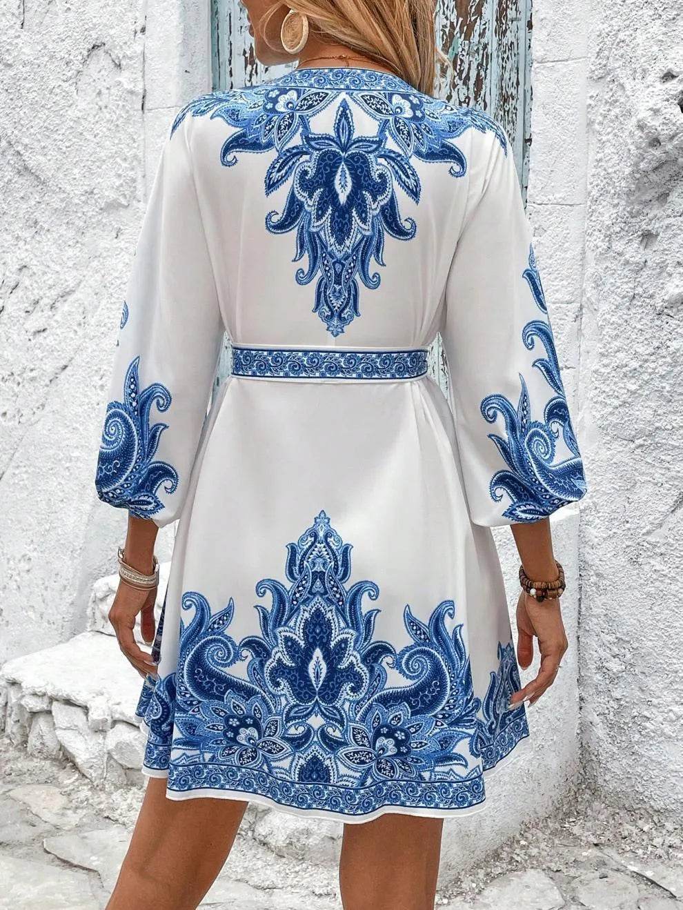 Paisley V-Neck 3/4 Sleeve Mini Dress - Ultim8 Designs 4 U