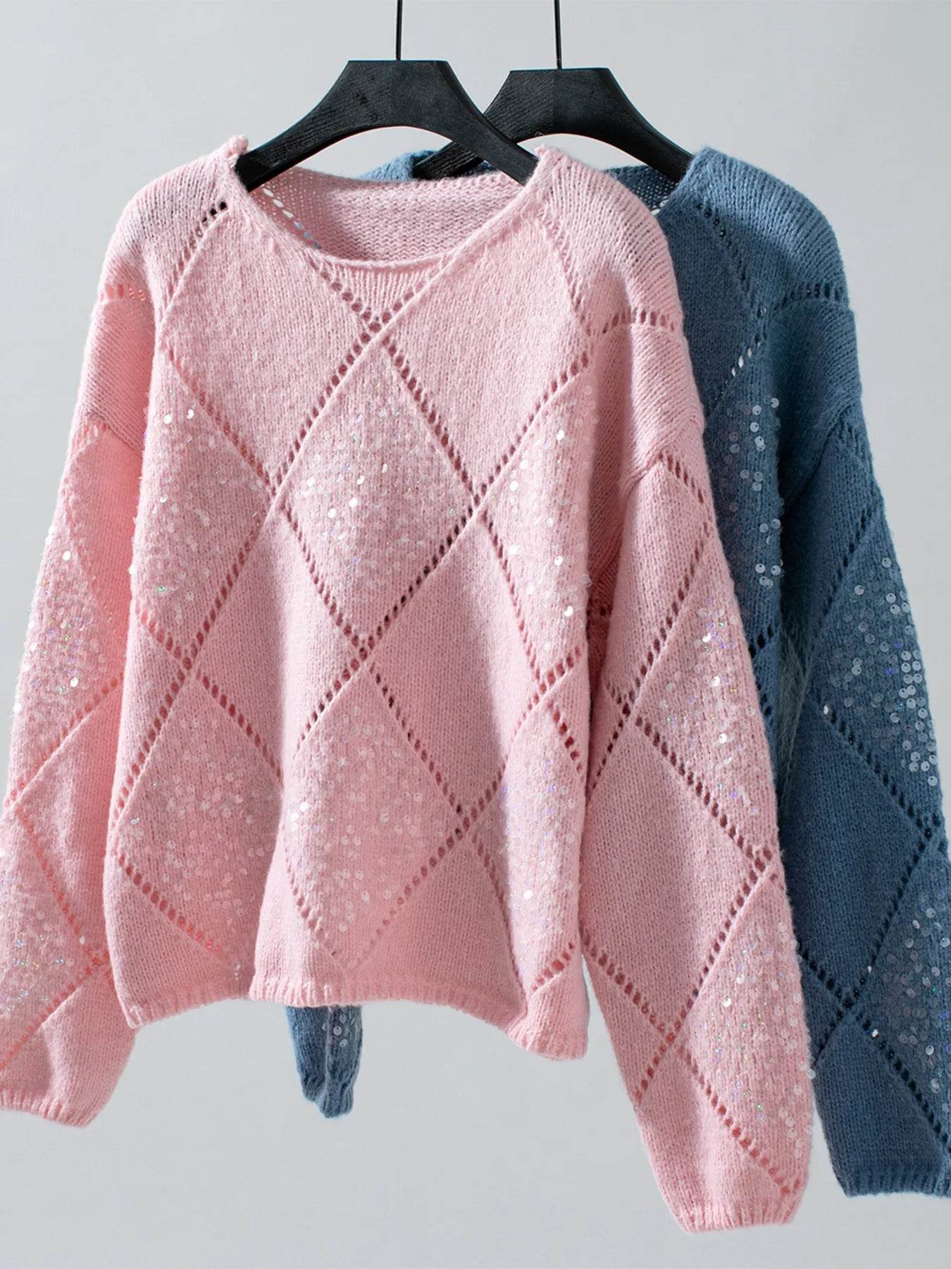 Sequin Openwork Long Sleeve Sweater - Ultim8 Designs 4 U
