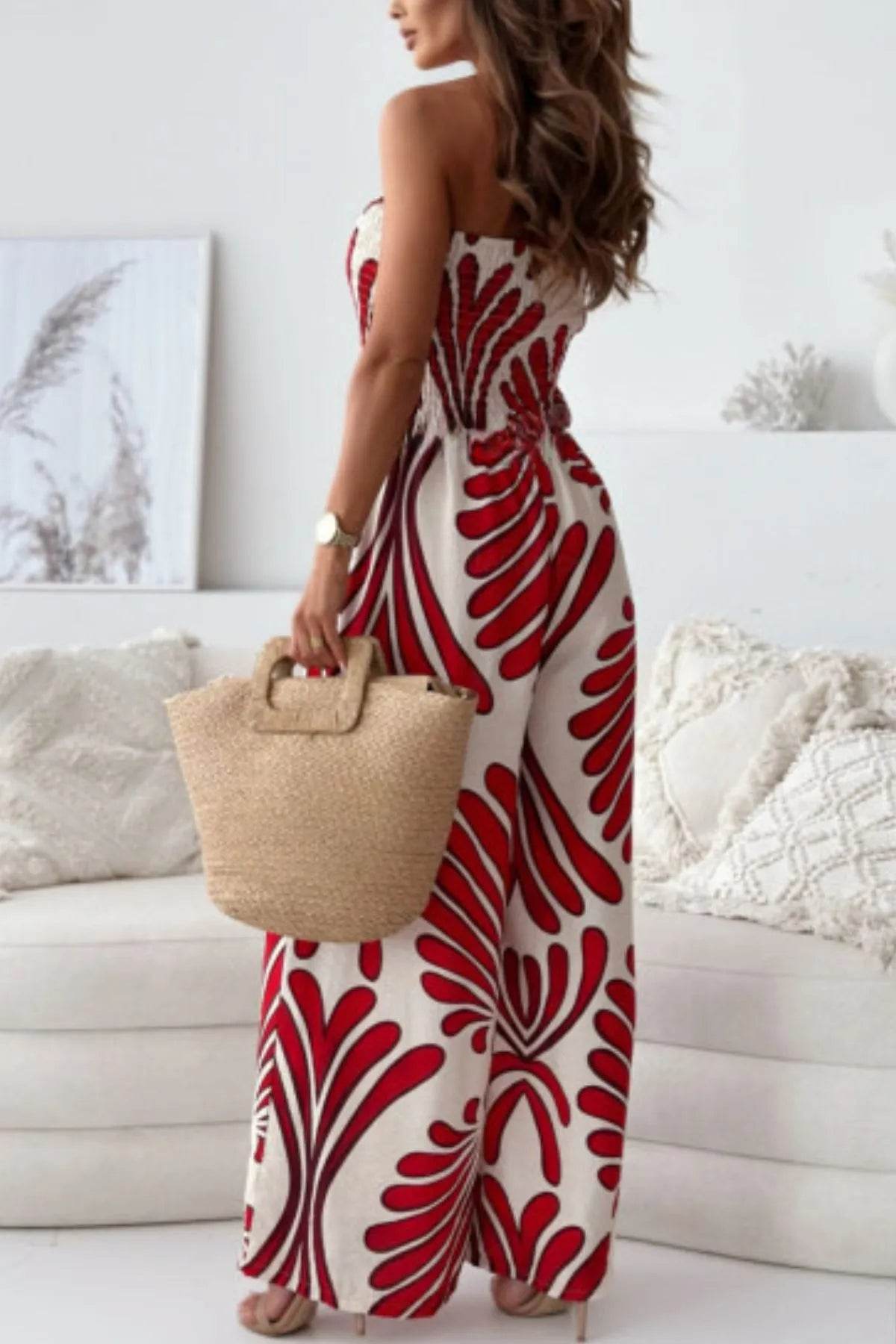 Printed Smocked Tube Wide Leg Jumpsuit - Ultim8 Designs 4 U