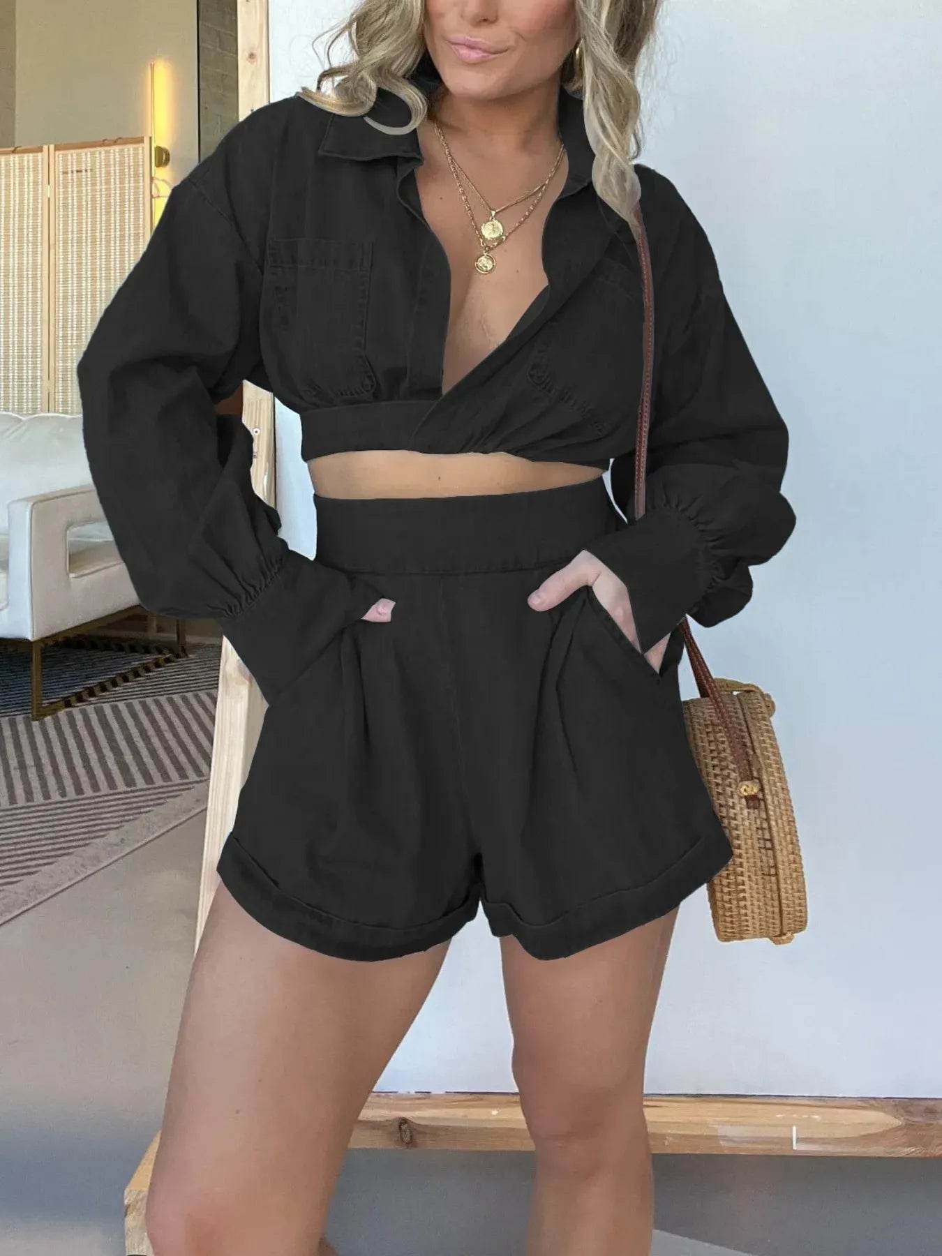 Full Size Long Sleeve Top and Shorts Denim Set Plus Size - Ultim8 Designs 4 U