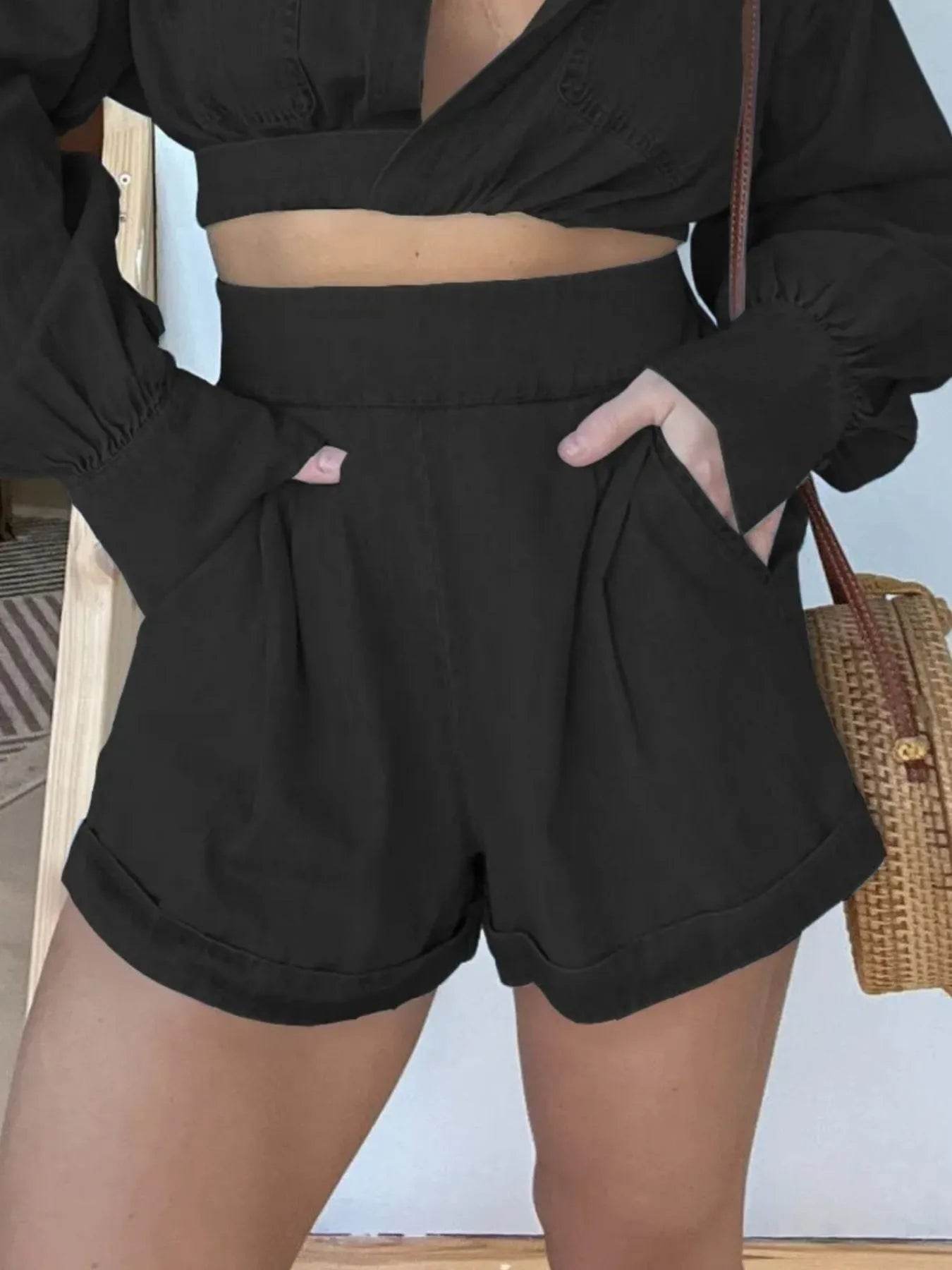 Full Size Long Sleeve Top and Shorts Denim Set Plus Size - Ultim8 Designs 4 U