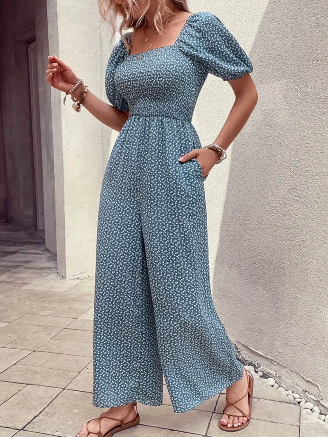 Printed Square Neck Puff Sleeve Jumpsuit - Ultim8 Designs 4 U