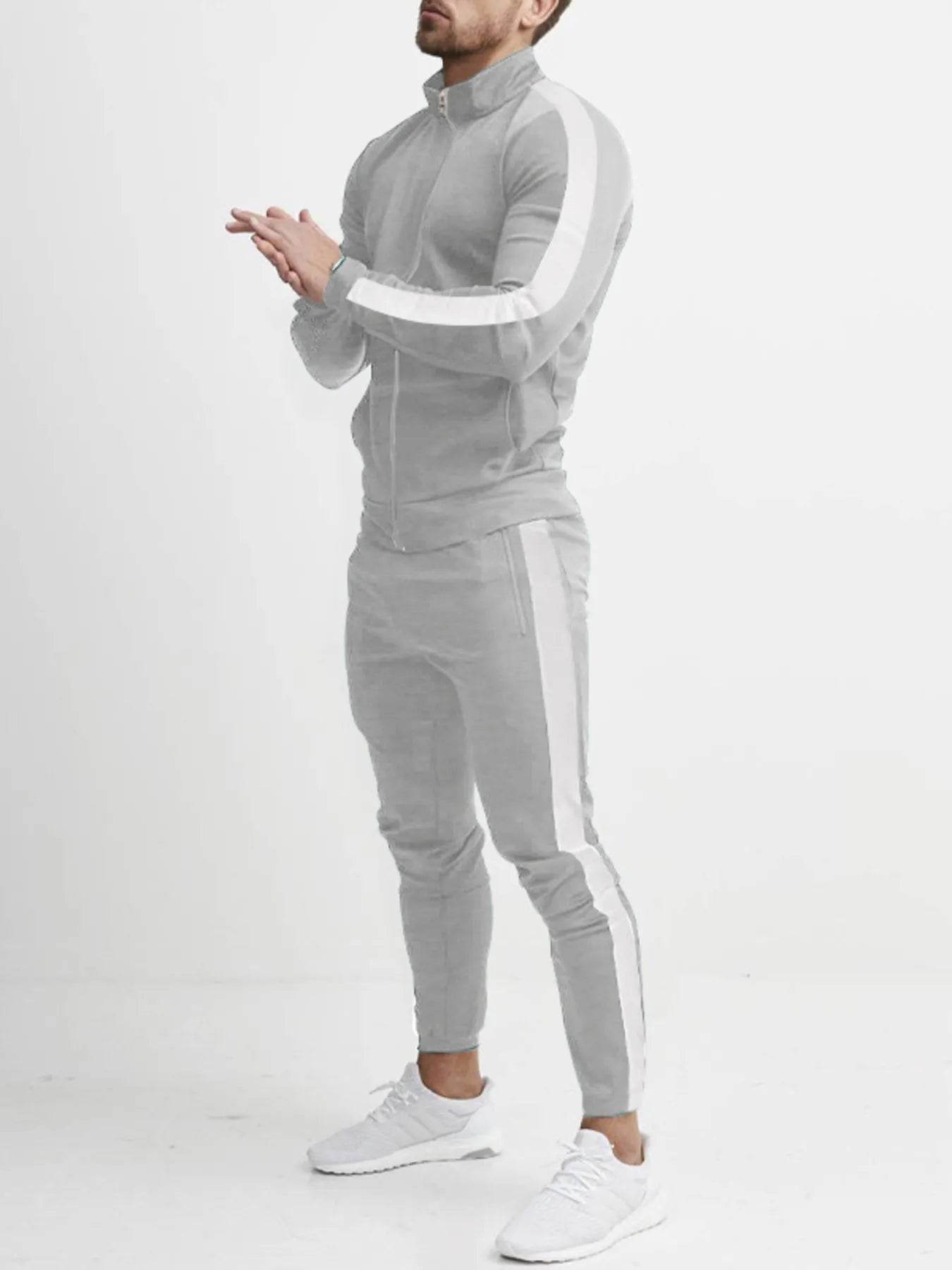 Men's Full Size Side Stripes Zip Up Top and Pants Set Plus Size - Ultim8 Designs 4 U