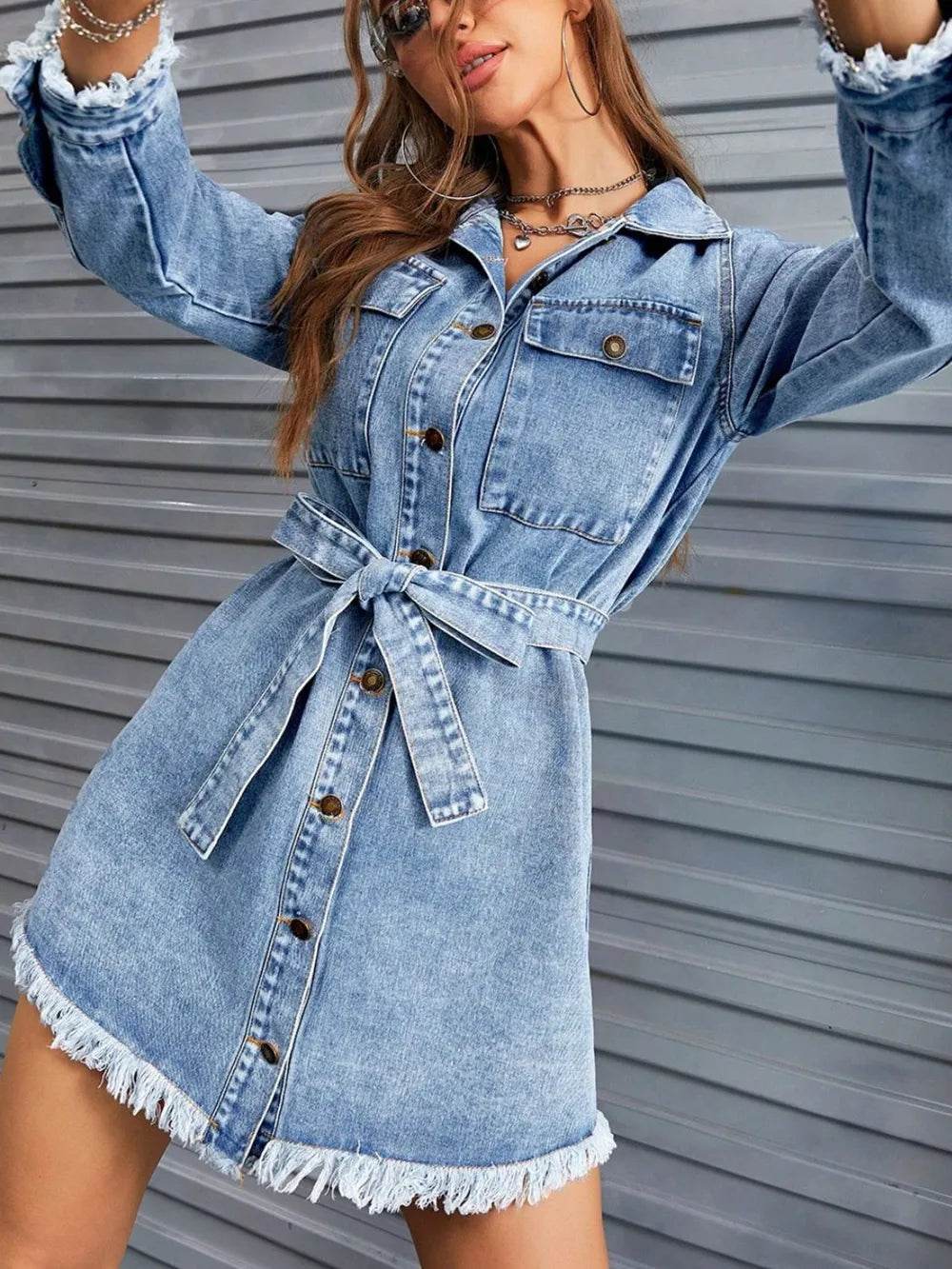 Raw Hem Collared Neck Long Sleeve Denim Dress - Ultim8 Designs 4 U