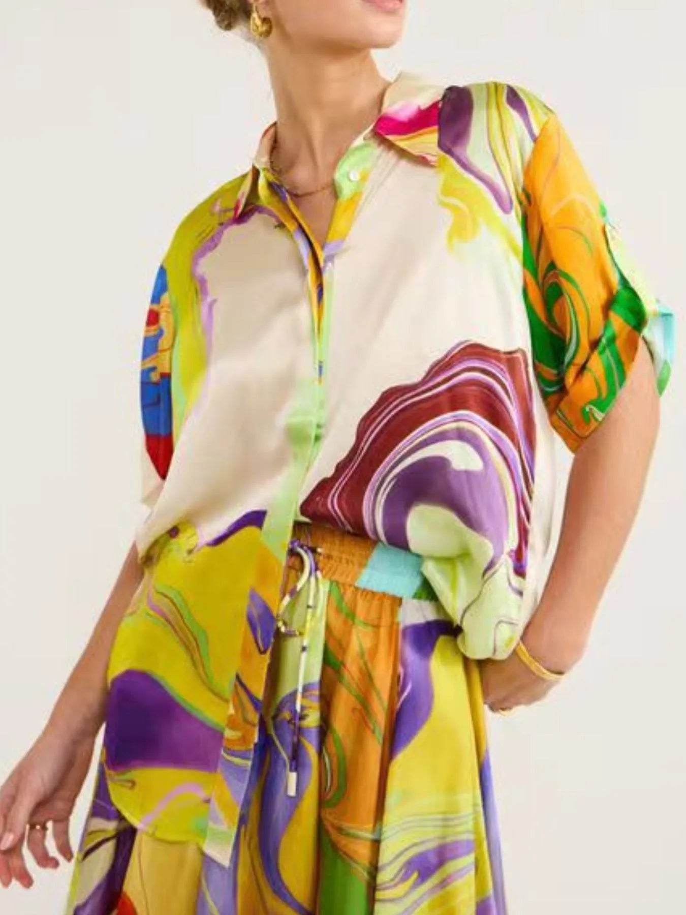 Printed Button Up Shirt and Skirt Set - Ultim8 Designs 4 U