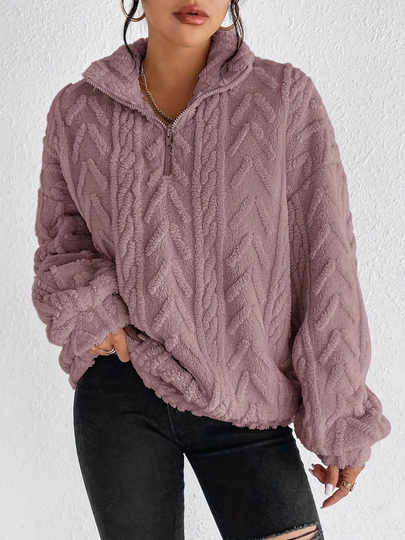 Quarter Zip Dropped Shoulder Sherpa Sweatshirt - Ultim8 Designs 4 U