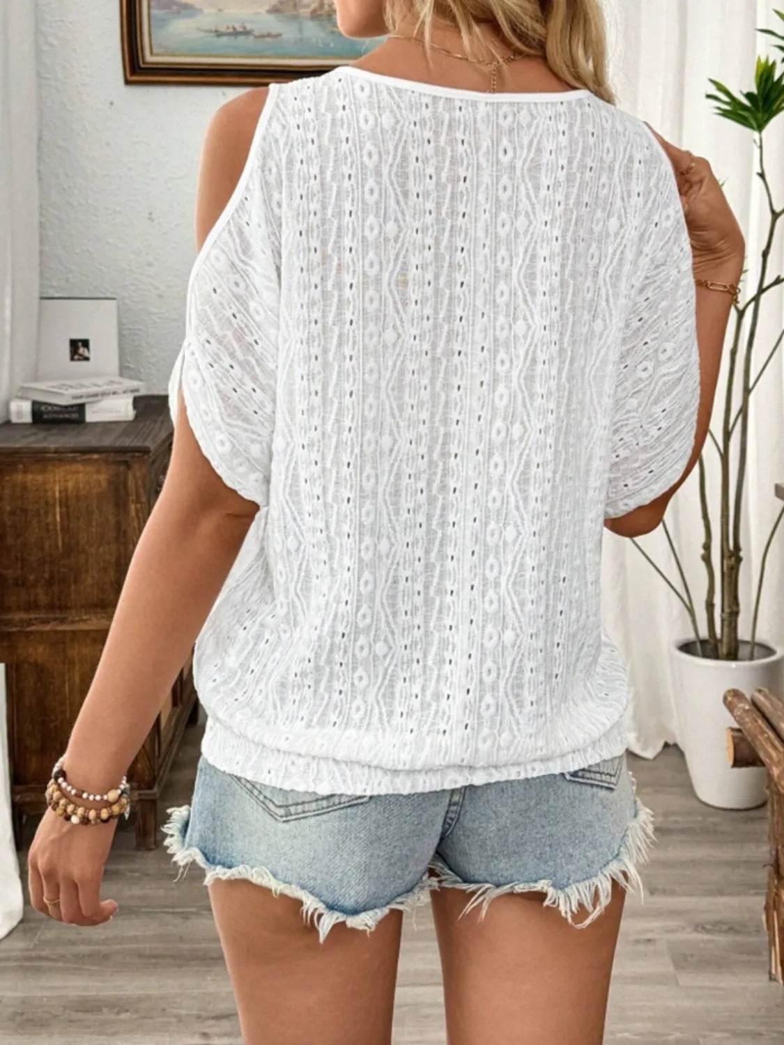 Eyelet Cold Shoulder Round Neck Blouse - Ultim8 Designs 4 U