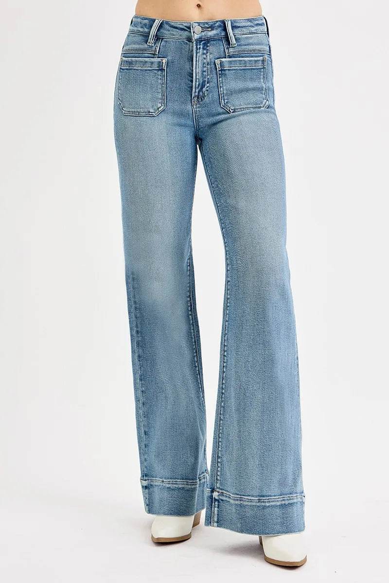 RISEN Full Size High Rise Wide Flare Patch Pocket Jeans Plus Size - Ultim8 Designs 4 U