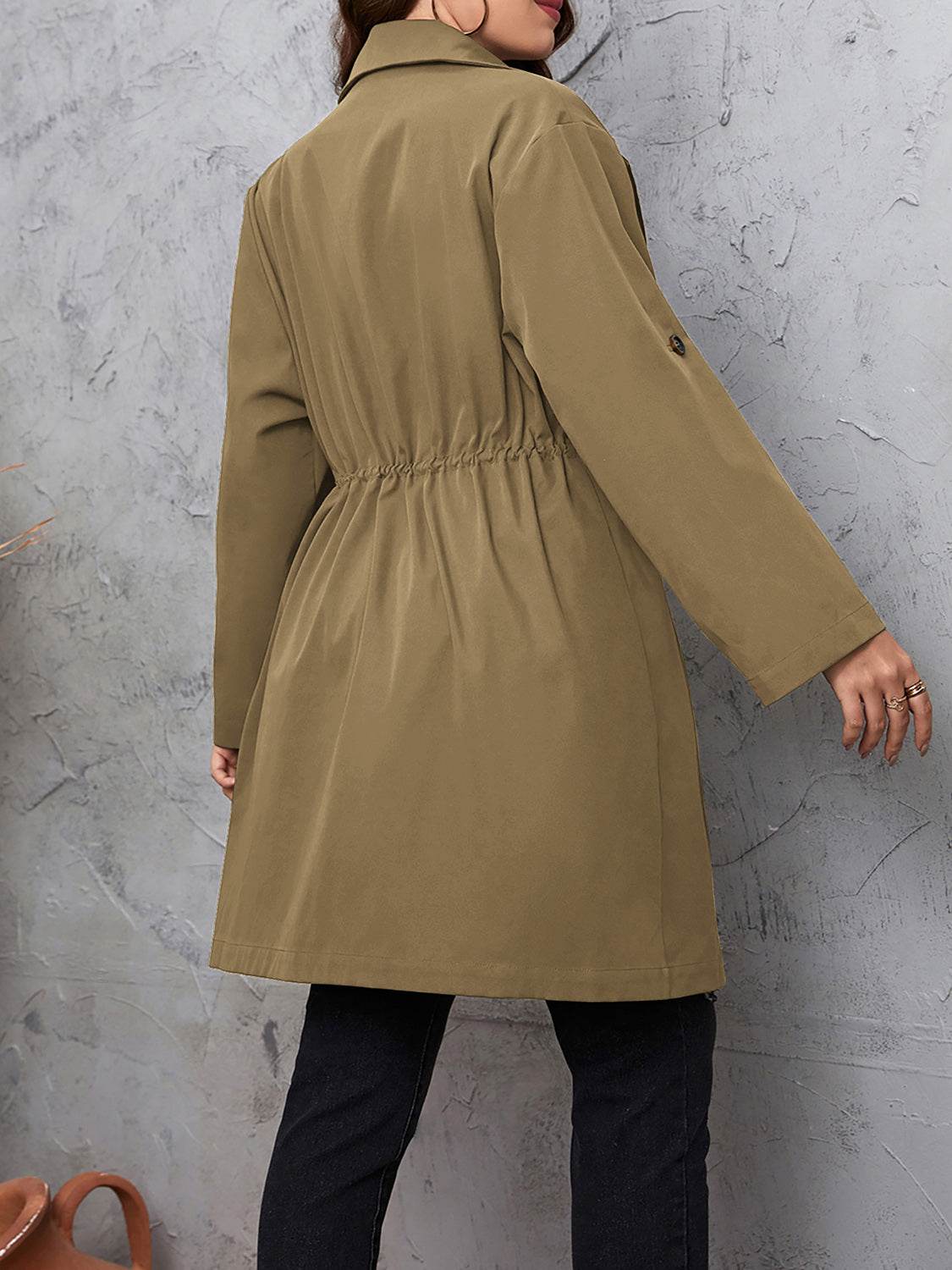Honey Plus Size Lapel Collar Drawstring Roll-Tab Sleeve Trench Coat - Ultim8 Designs 4 U