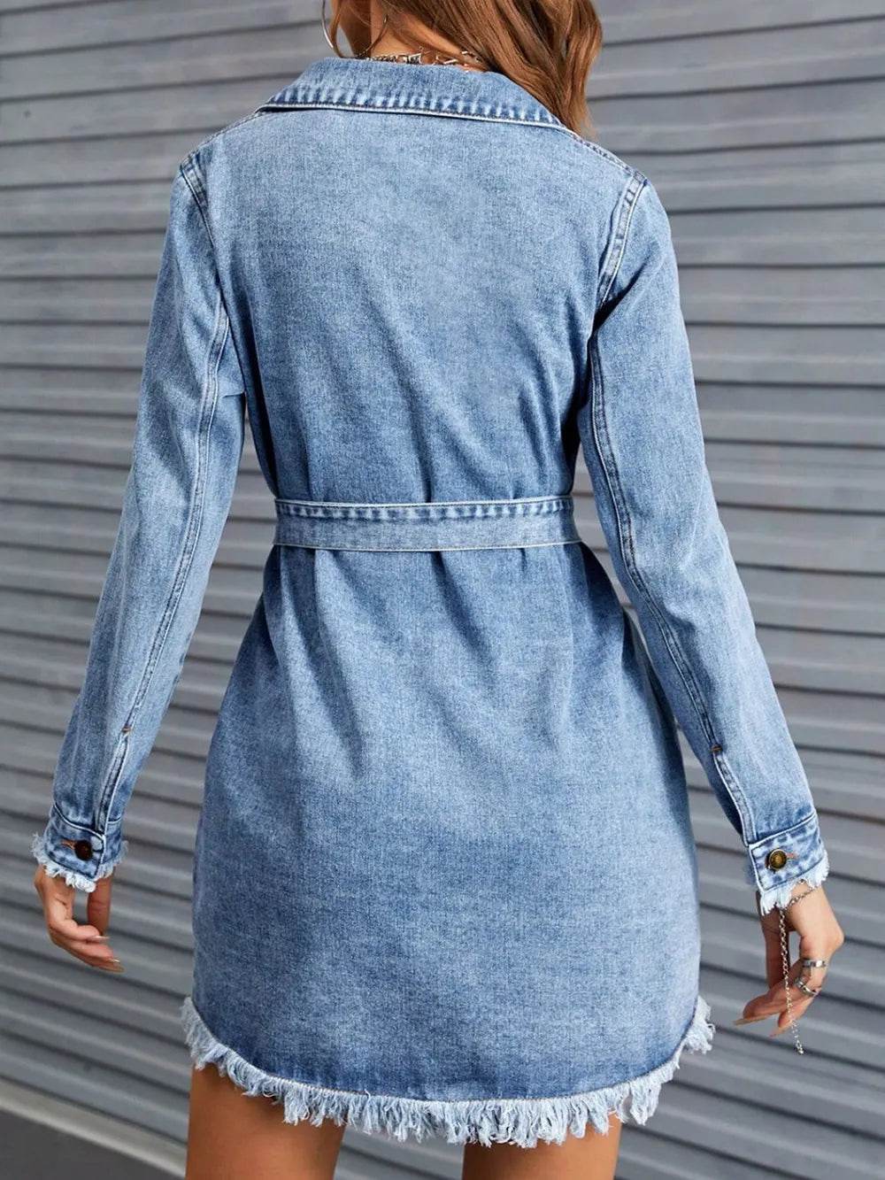 Raw Hem Collared Neck Long Sleeve Denim Dress - Ultim8 Designs 4 U
