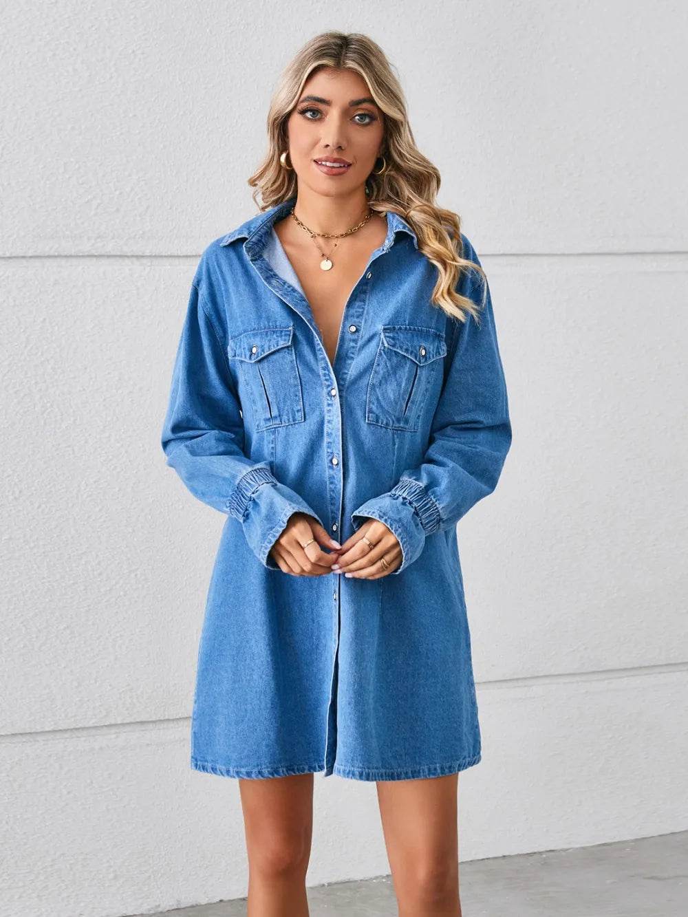 Pocketed Dropped Shoulder Mini Denim Dress - Ultim8 Designs 4 U