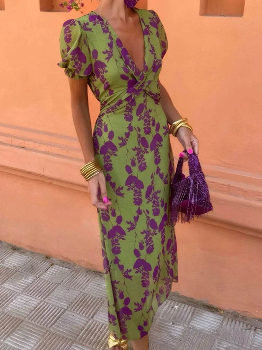 Printed Plunge Short Sleeve Midi Dress - Ultim8 Designs 4 U