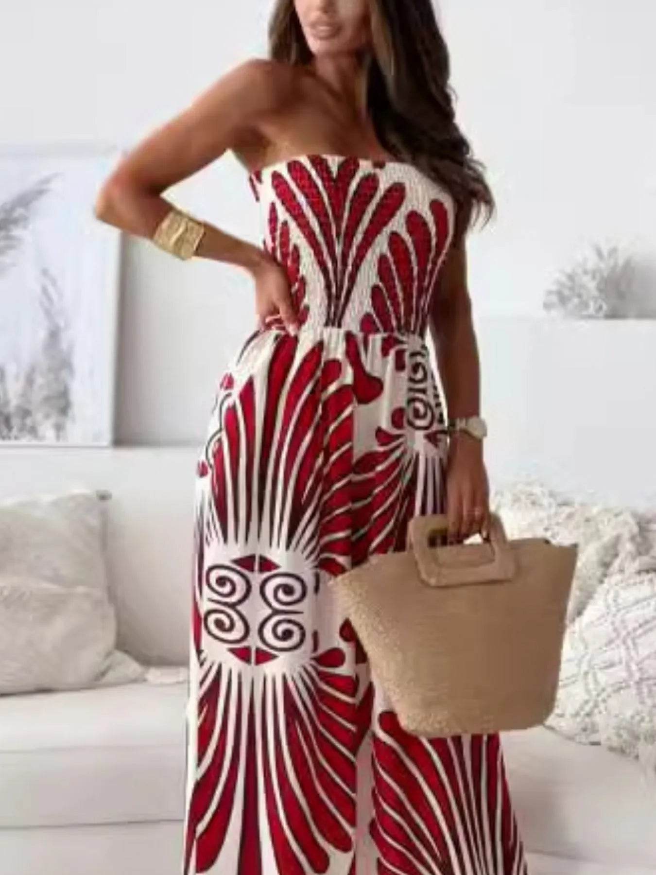 Printed Smocked Tube Wide Leg Jumpsuit - Ultim8 Designs 4 U