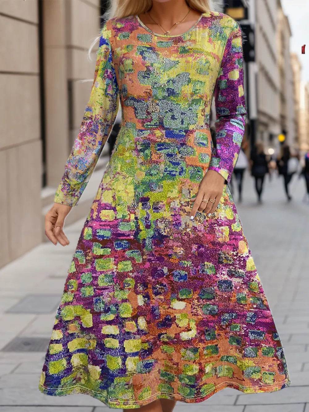 Plus Size Printed Round Neck Long Sleeve Dress - Ultim8 Designs 4 U