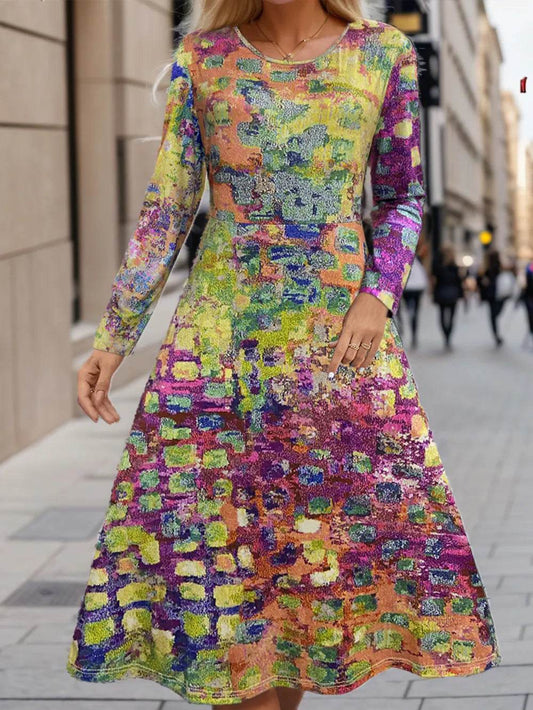 Plus Size Printed Round Neck Long Sleeve Dress - Ultim8 Designs 4 U