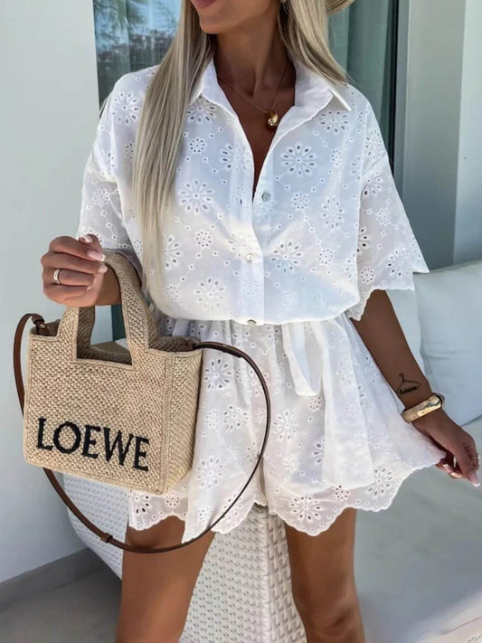 Eyelet Lace Button-Up Romper - Ultim8 Designs 4 U
