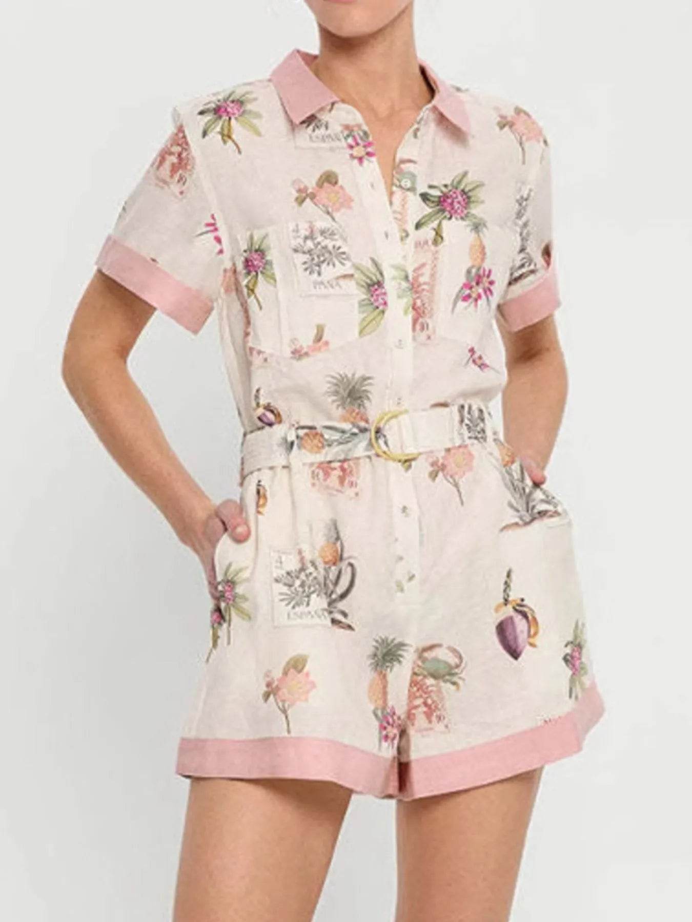 Printed Short Sleeve Romper with Belt - Ultim8 Designs 4 U