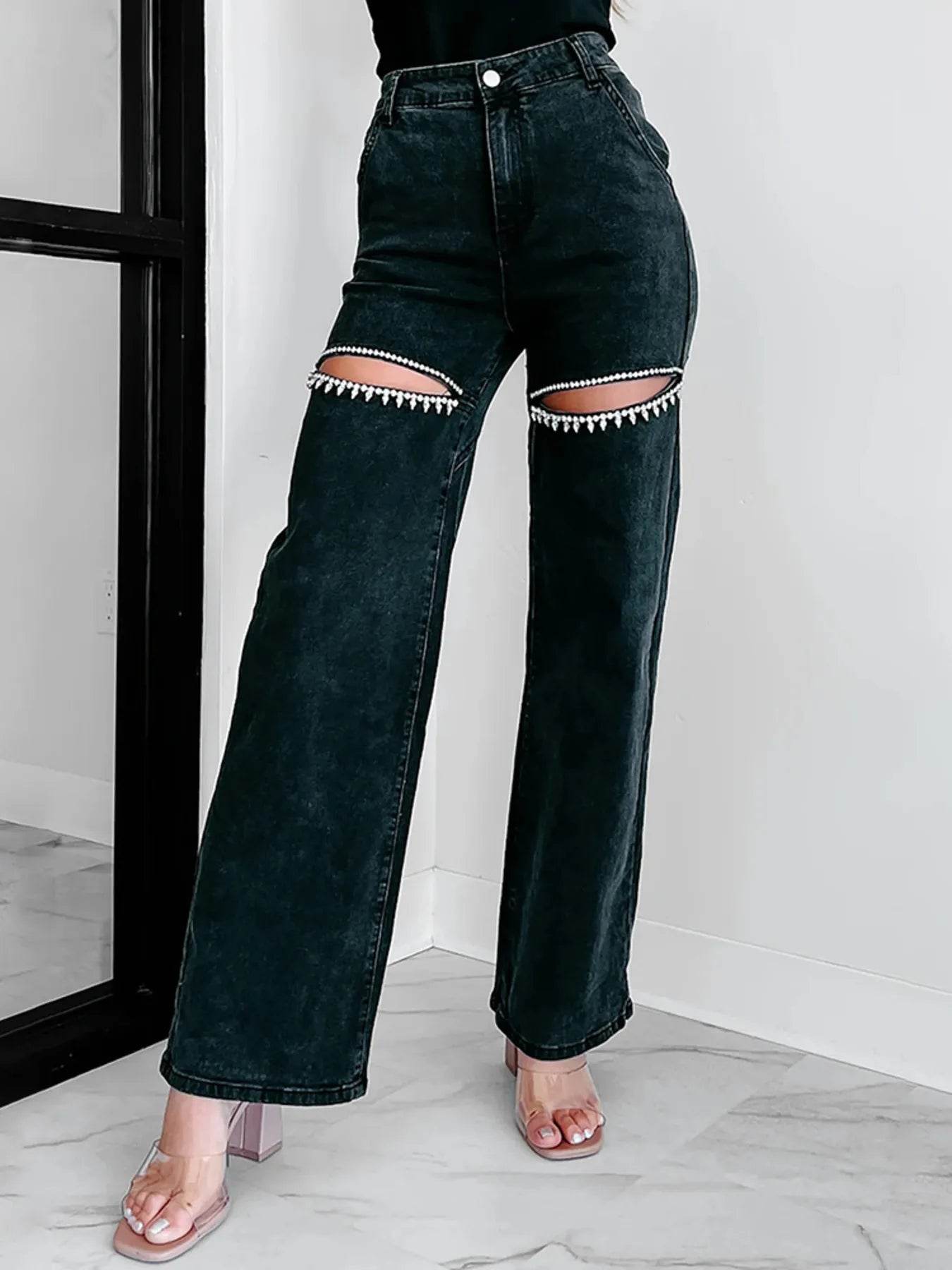 Ripped Wide Leg Wash Denim Jeans - Ultim8 Designs 4 U