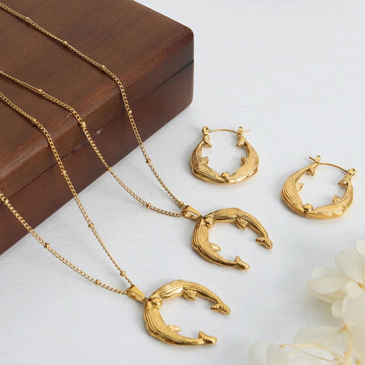 Gold Dolphin Jewelry Set with Necklace and Earrings - Ultim8 Designs 4 U