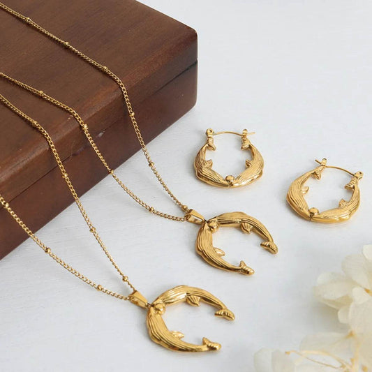 Gold Dolphin Jewelry Set with Necklace and Earrings - Ultim8 Designs 4 U