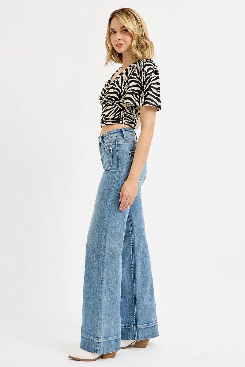 RISEN Full Size High Rise Wide Flare Patch Pocket Jeans Plus Size - Ultim8 Designs 4 U