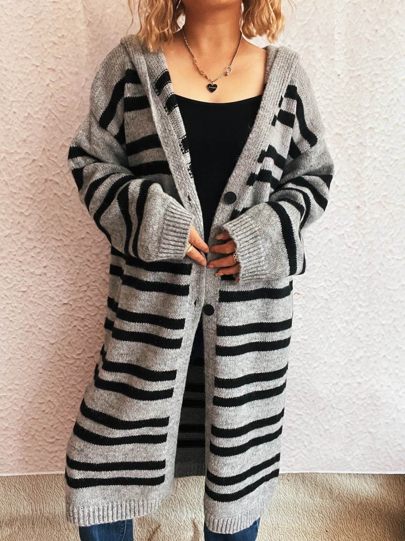 Striped Open Front Hooded Cardigan - Ultim8 Designs 4 U