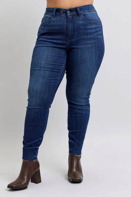 Judy Blue Full Size Mid Rise Skinny Jeans with Raw Hem Plus Size - Ultim8 Designs 4 U