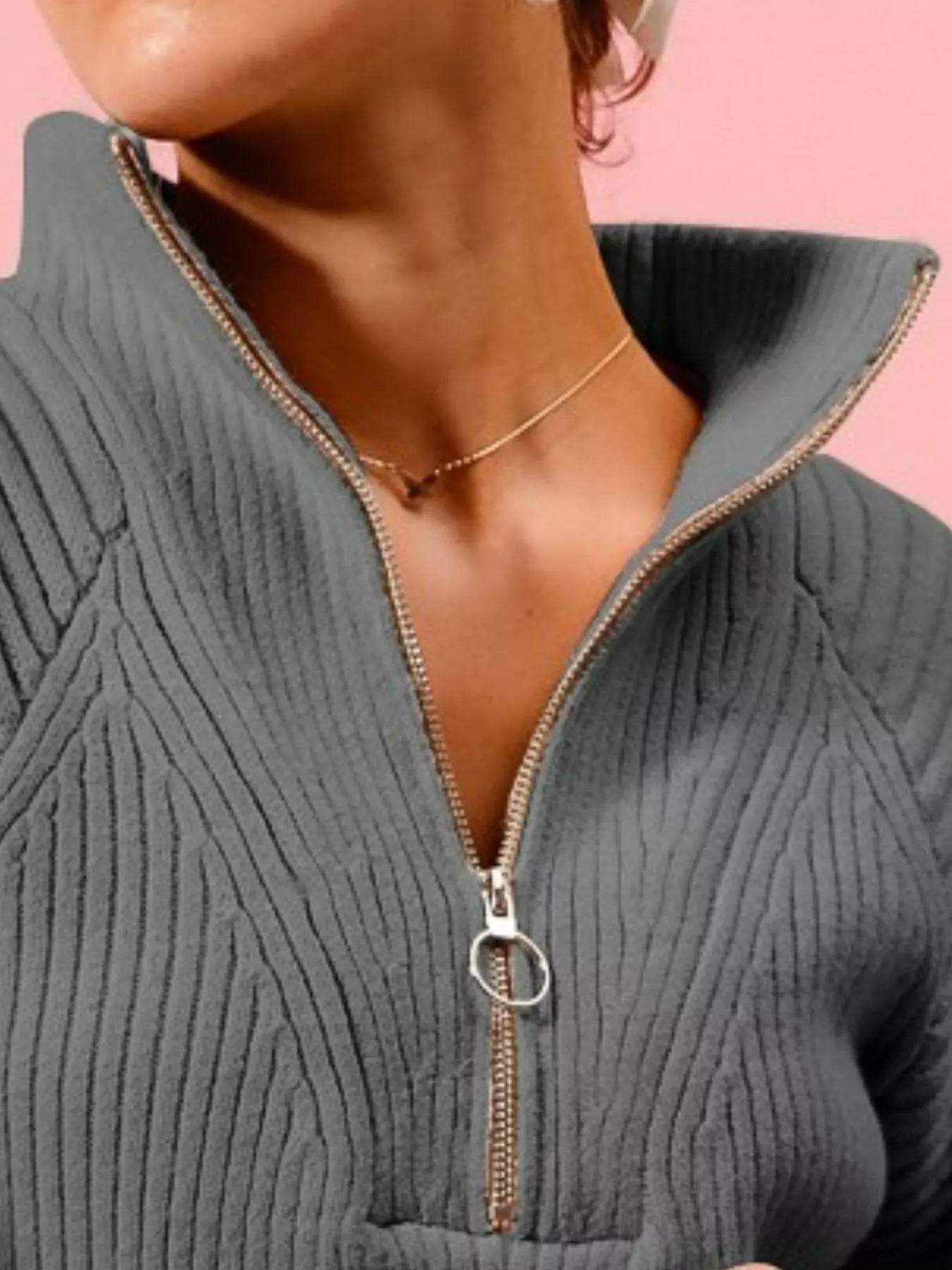 SO ME Half Zip Raglan Balloon Sleeves Ribbed Sweater - Ultim8 Designs 4 U