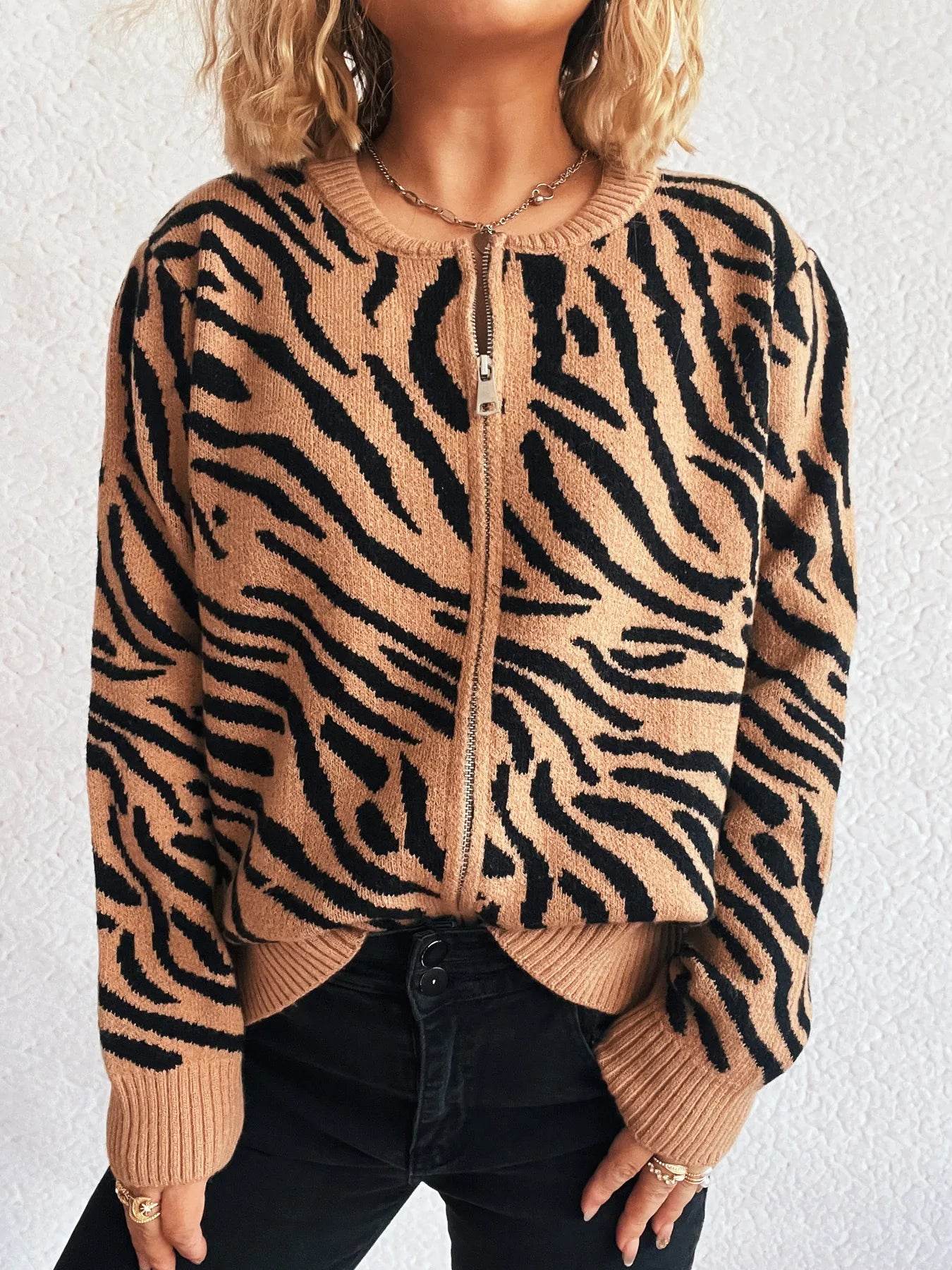 Zebra Print Zip Up Cardigan - Ultim8 Designs 4 U
