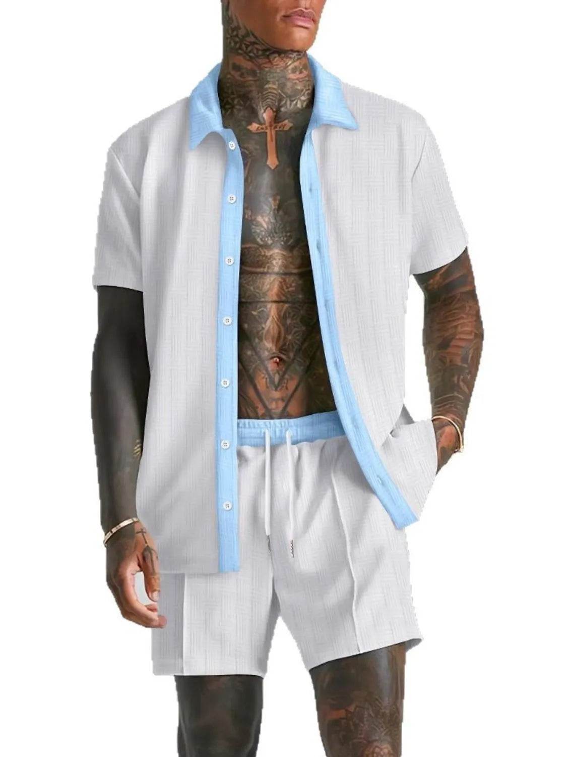 Men's Full Size Collared Neck Short Sleeve Top and Shorts Set Plus Size - Ultim8 Designs 4 U