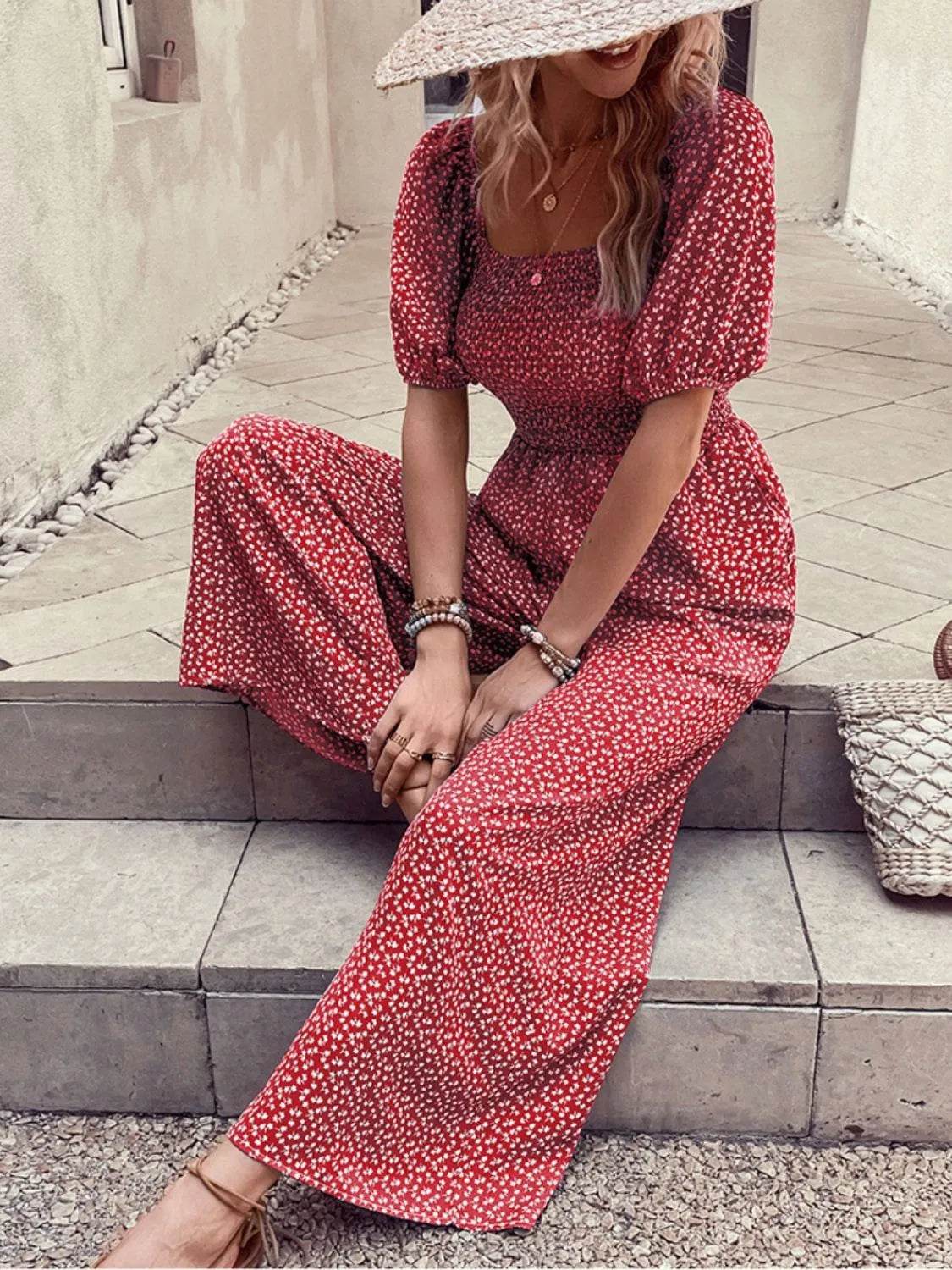 Printed Square Neck Puff Sleeve Jumpsuit - Ultim8 Designs 4 U