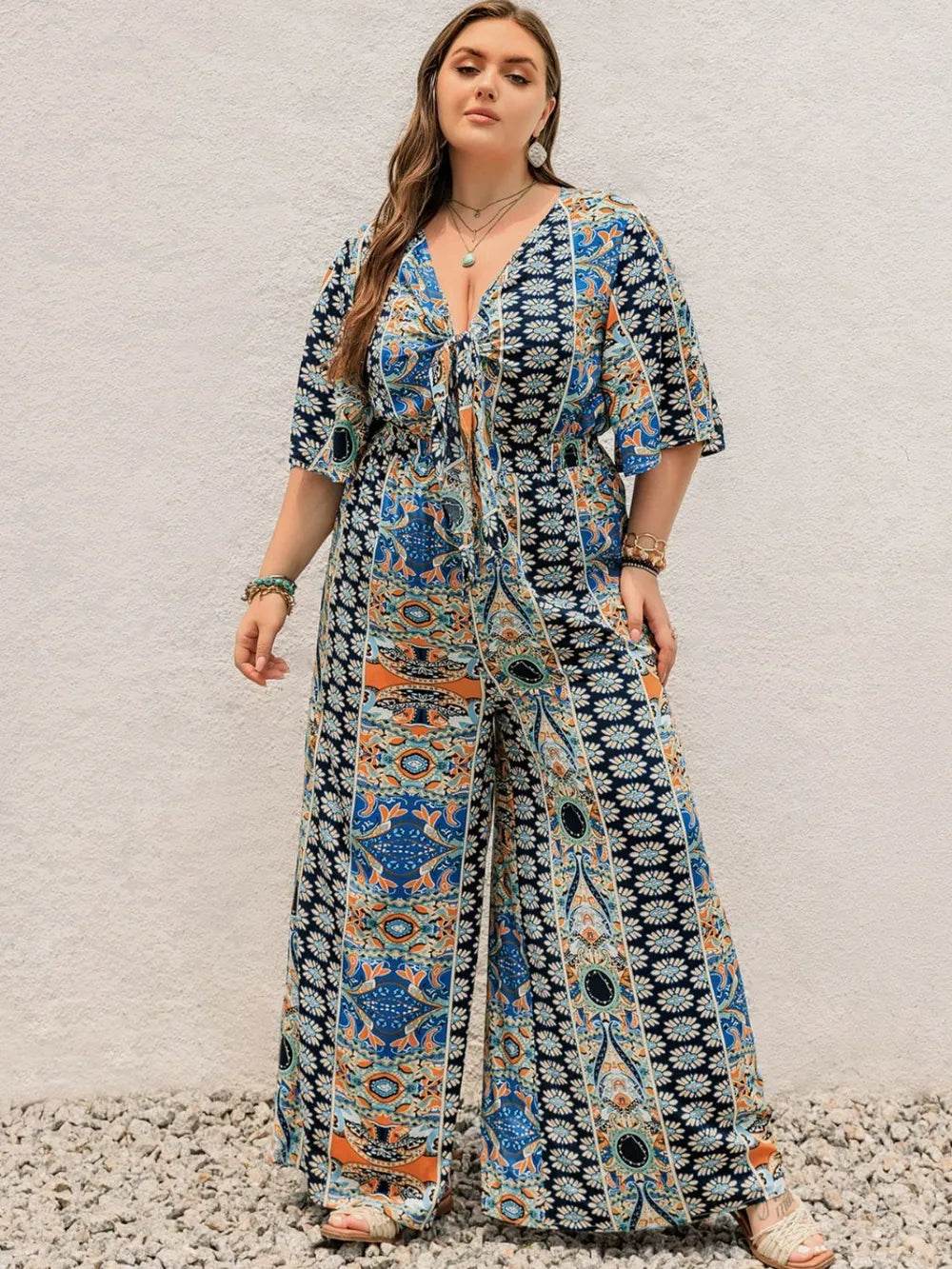 Plus Size Printed Half Sleeve Wide Leg Jumpsuit - Ultim8 Designs 4 U