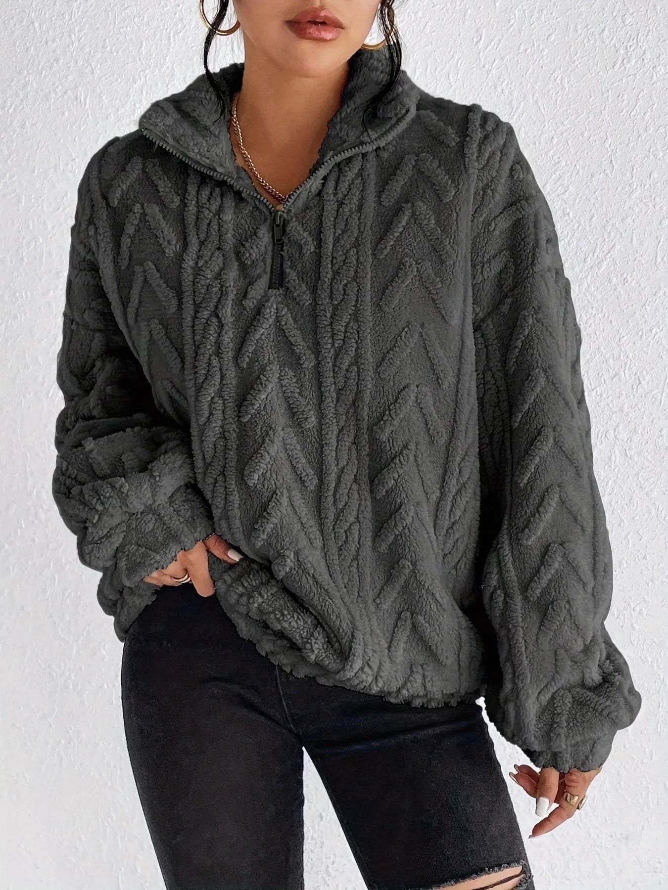 Quarter Zip Dropped Shoulder Sherpa Sweatshirt - Ultim8 Designs 4 U