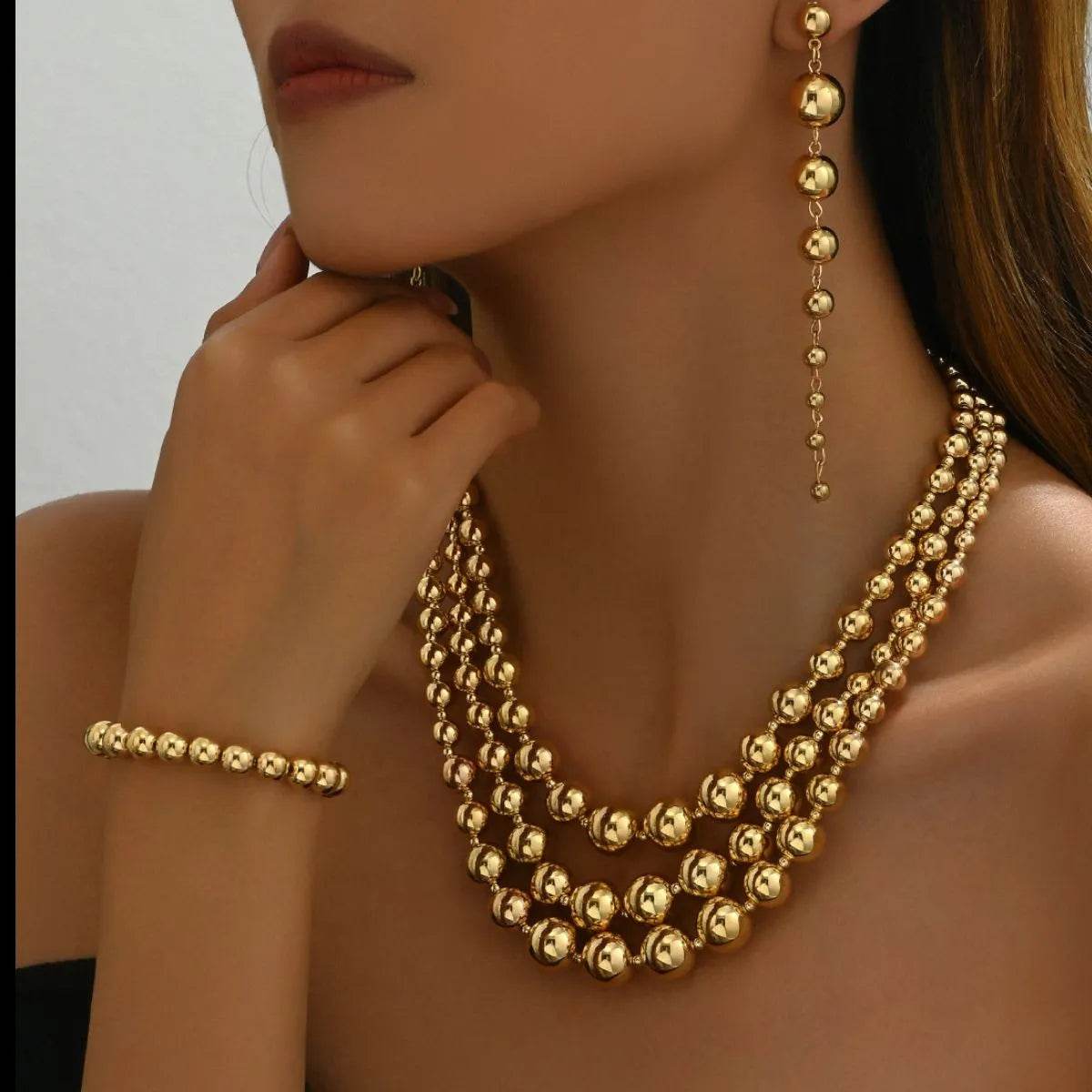 18K Stainless Steel Beaded Multi-Layered Necklace Bracelet Earrings Jewelry Set - Ultim8 Designs 4 U