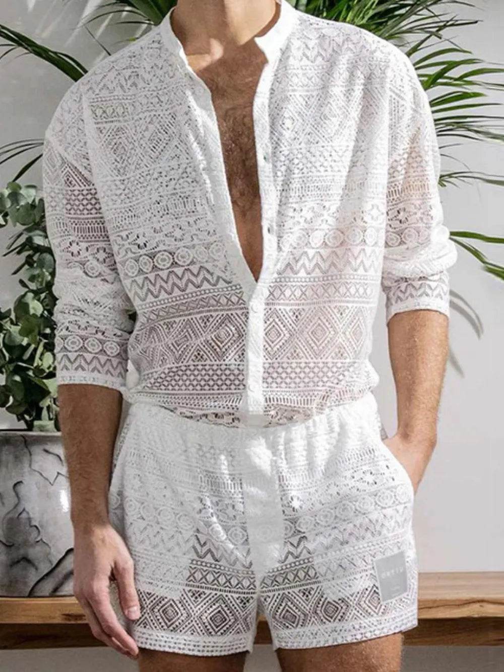 Men's Full Size Lace Button Down Top and Shorts Set Plus Size - Ultim8 Designs 4 U