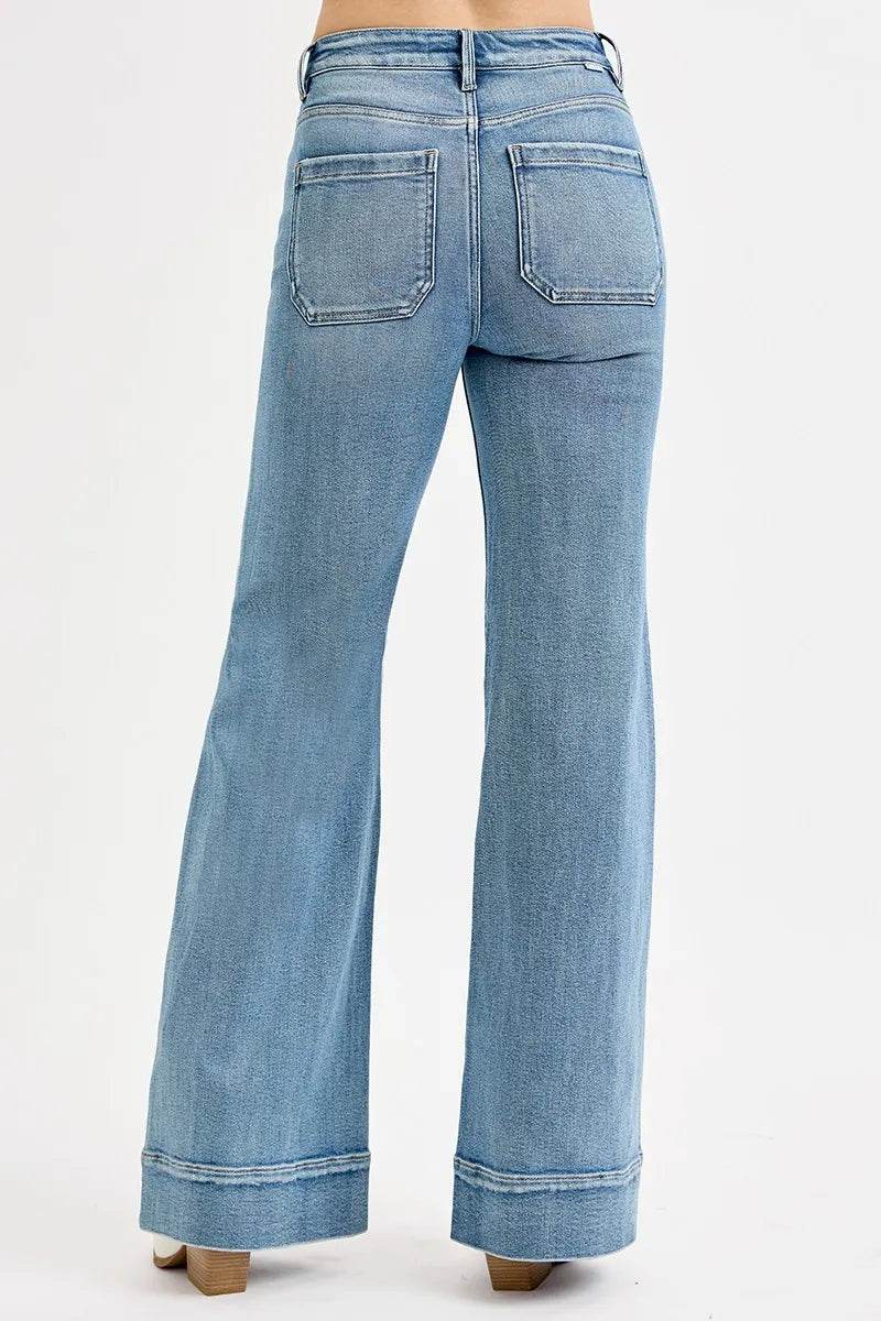 RISEN Full Size High Rise Wide Flare Patch Pocket Jeans Plus Size - Ultim8 Designs 4 U
