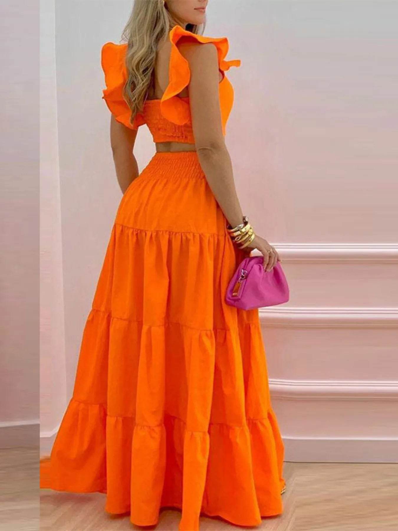 Full Size Ruffled Cami and Tiered Maxi Skirt Set Plus Size - Ultim8 Designs 4 U