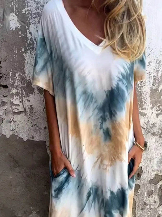 Full Size Tie-Dye V-Neck Midi Dress with Pockets Plus Size - Ultim8 Designs 4 U