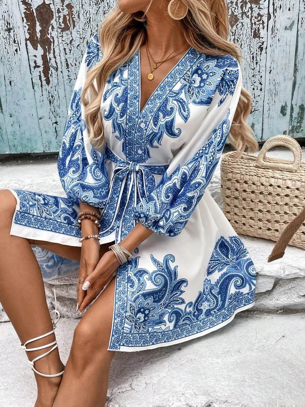 Paisley V-Neck 3/4 Sleeve Mini Dress - Ultim8 Designs 4 U