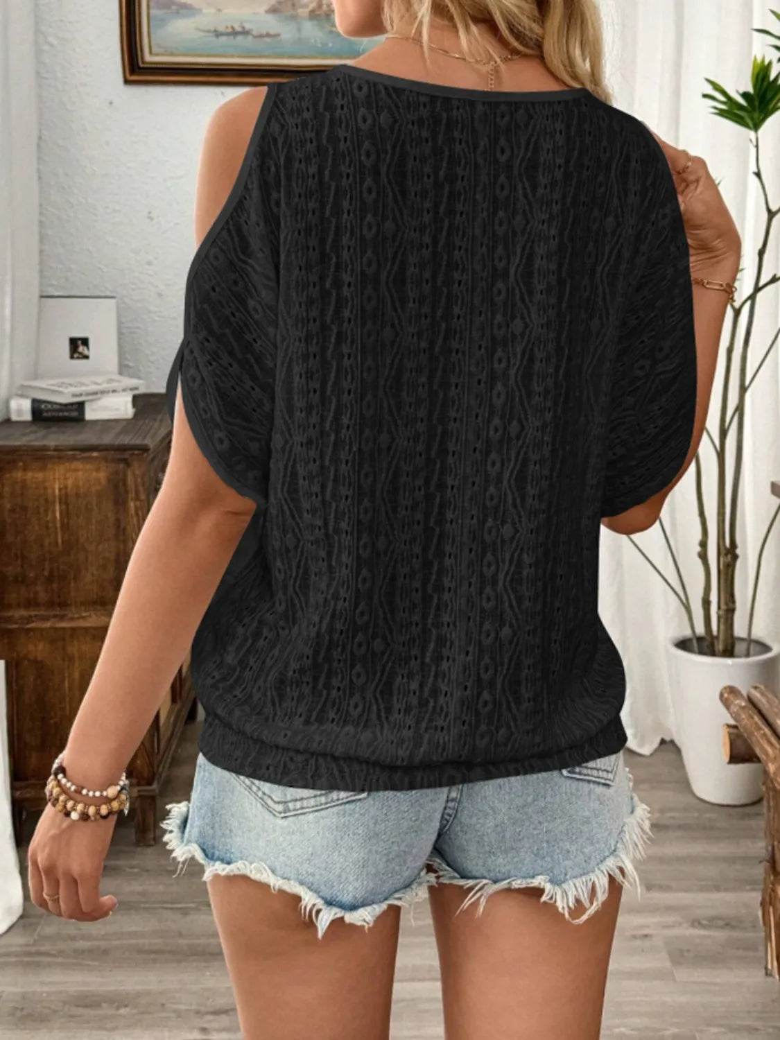 Eyelet Cold Shoulder Round Neck Blouse - Ultim8 Designs 4 U