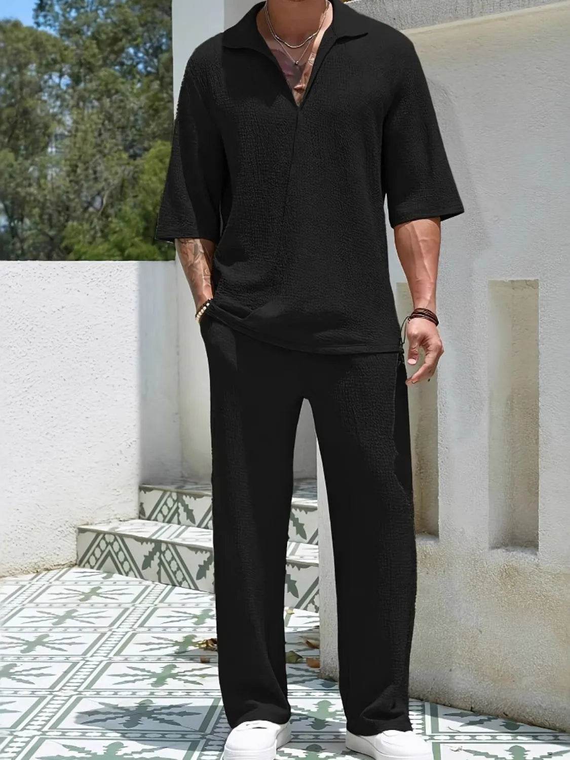 Men's Johnny Collar Half Sleeve Top and Pants Set - Ultim8 Designs 4 U