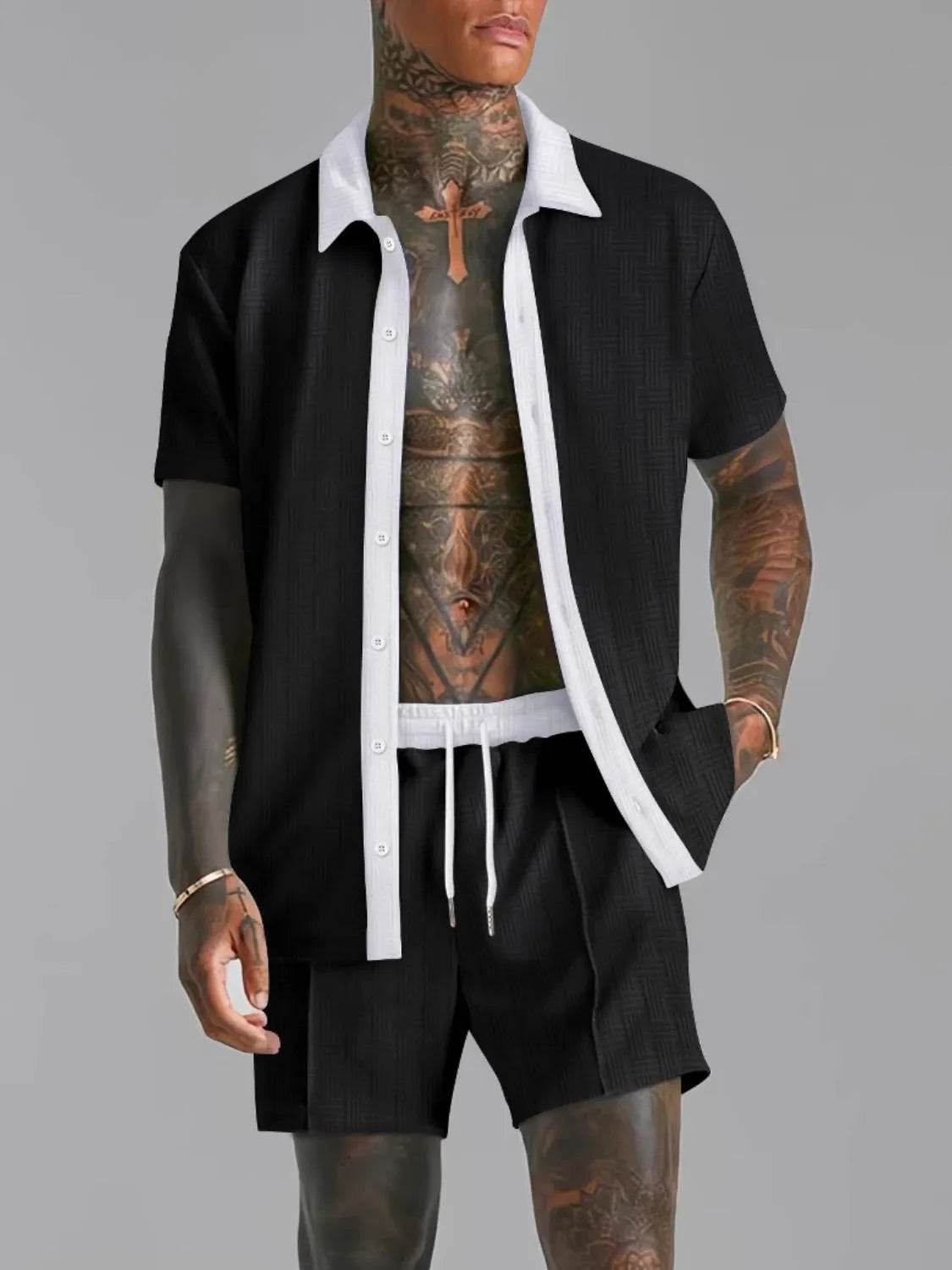 Men's Full Size Collared Neck Short Sleeve Top and Shorts Set Plus Size - Ultim8 Designs 4 U