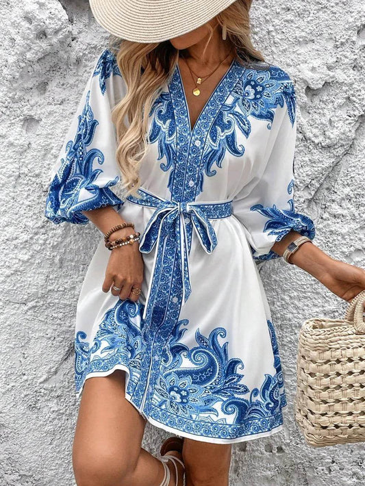 Paisley V-Neck 3/4 Sleeve Mini Dress - Ultim8 Designs 4 U