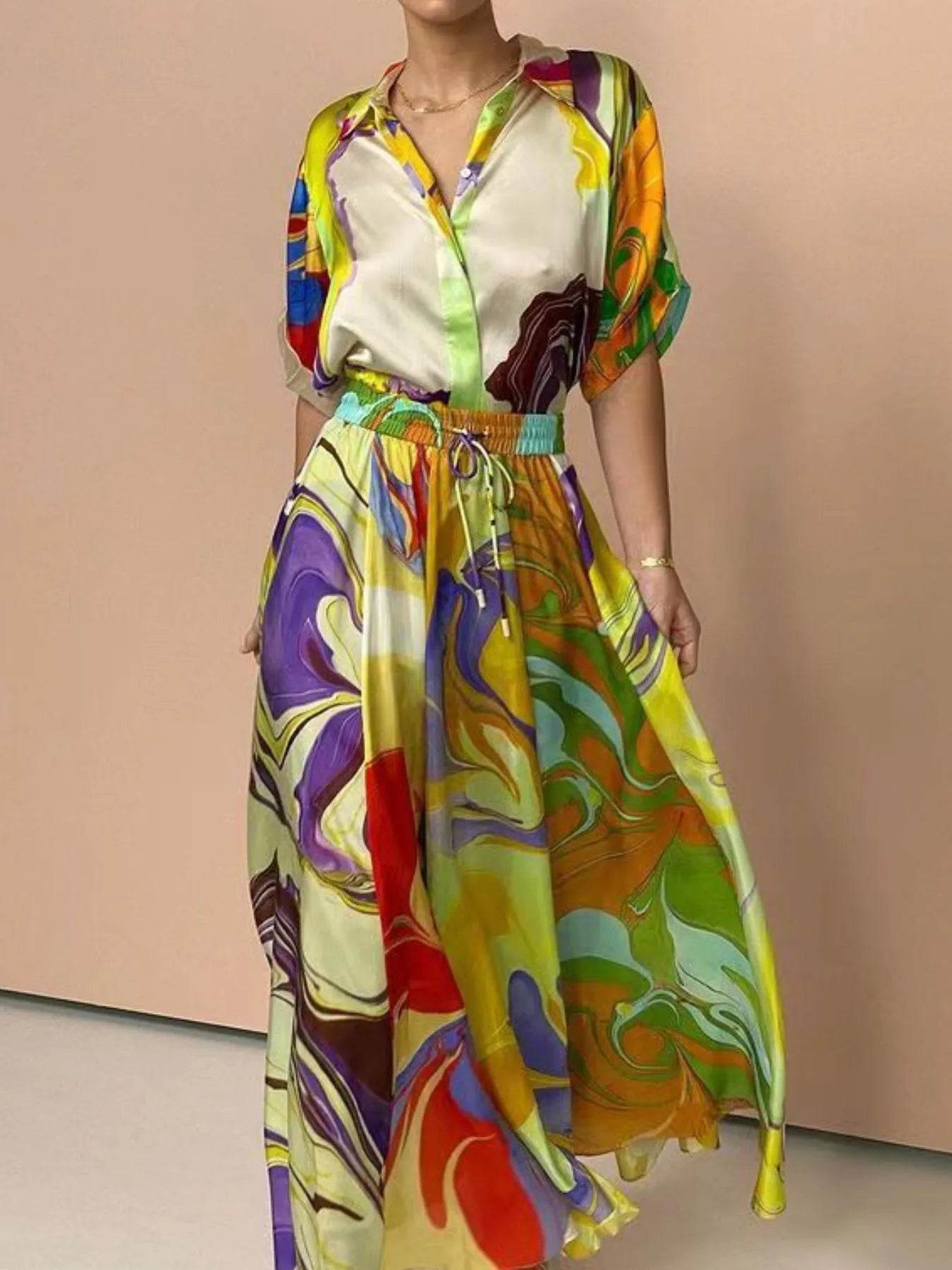 Printed Button Up Shirt and Skirt Set - Ultim8 Designs 4 U