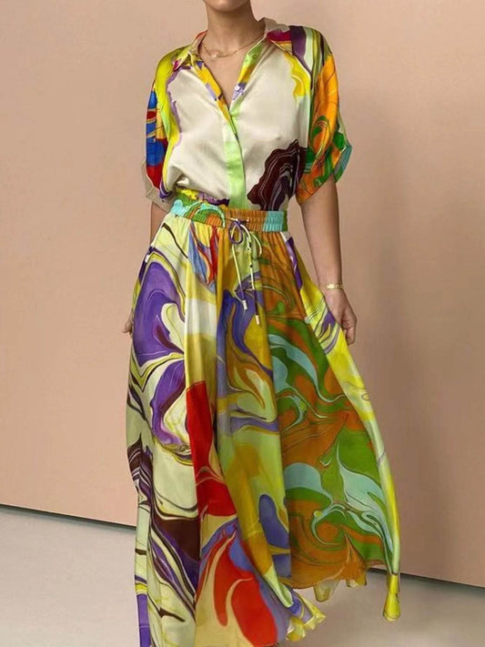 Printed Button Up Shirt and Skirt Set - Ultim8 Designs 4 U
